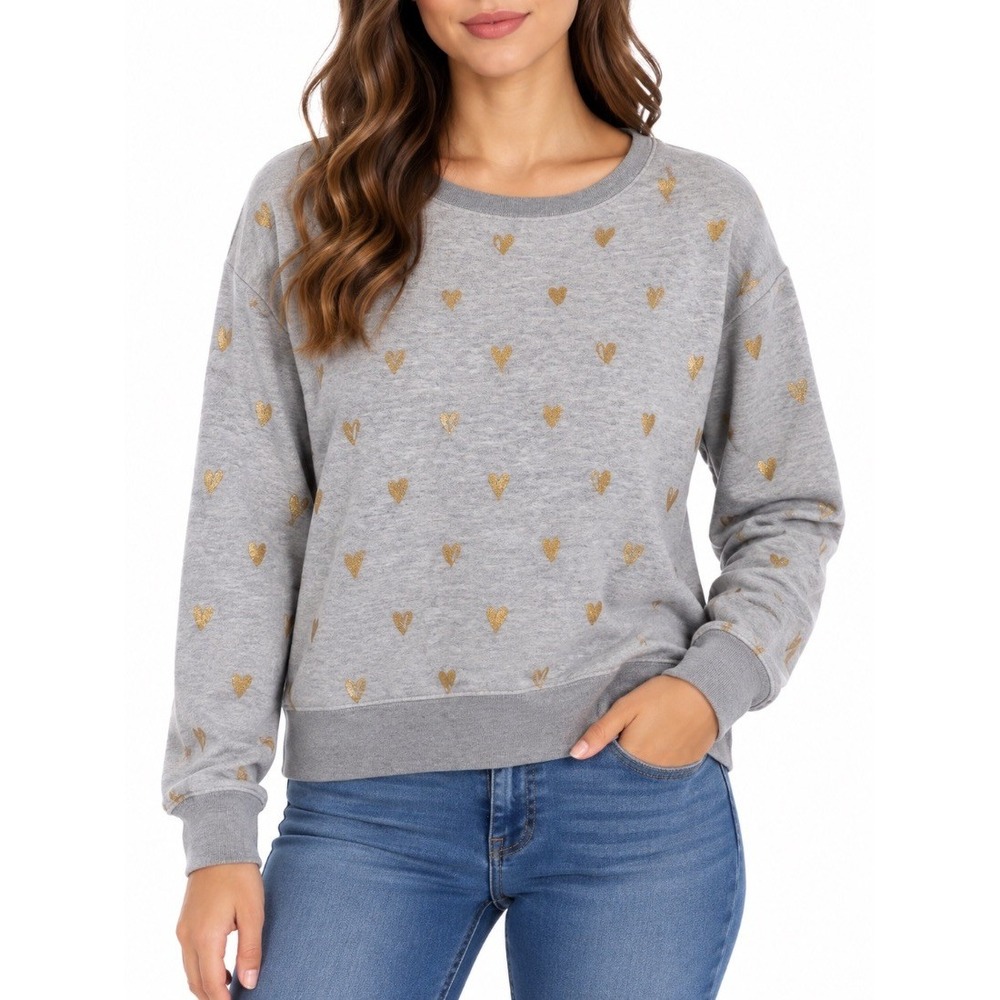 J Crew Womens Gray Gold Foil Heart Print Crewneck Sweatshirt Pullover Size M